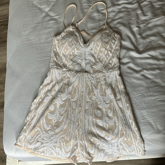 Lulus Catch a Spark White and Beige Sequin Romper for bachelorette shower or fun - Picture 6 of 13